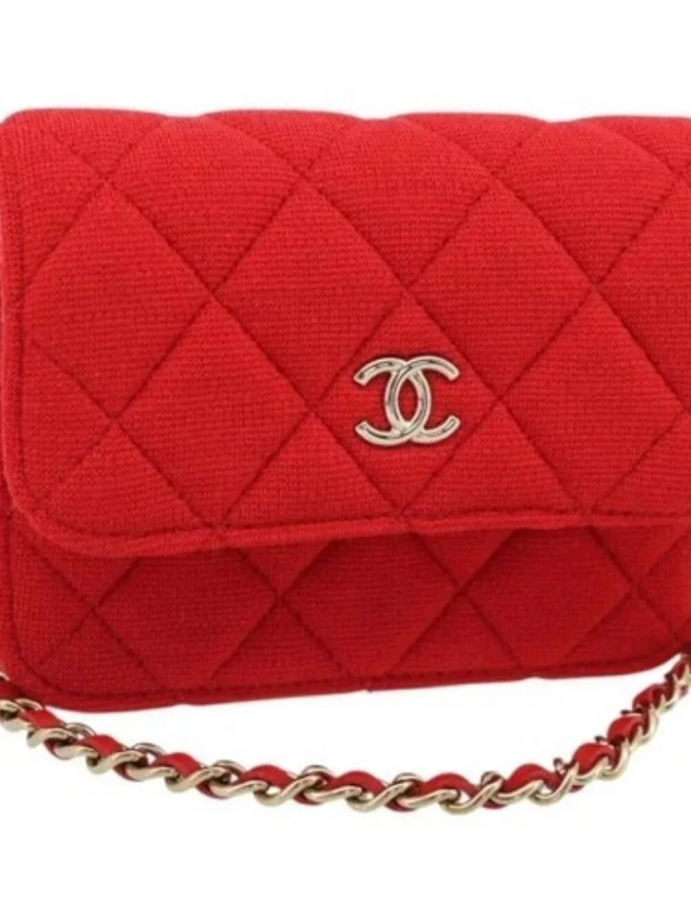 CHANEL Chain Mini Matelasse 12 Shoulder Bag Cotton Red Gold CC Auth 182786SM
